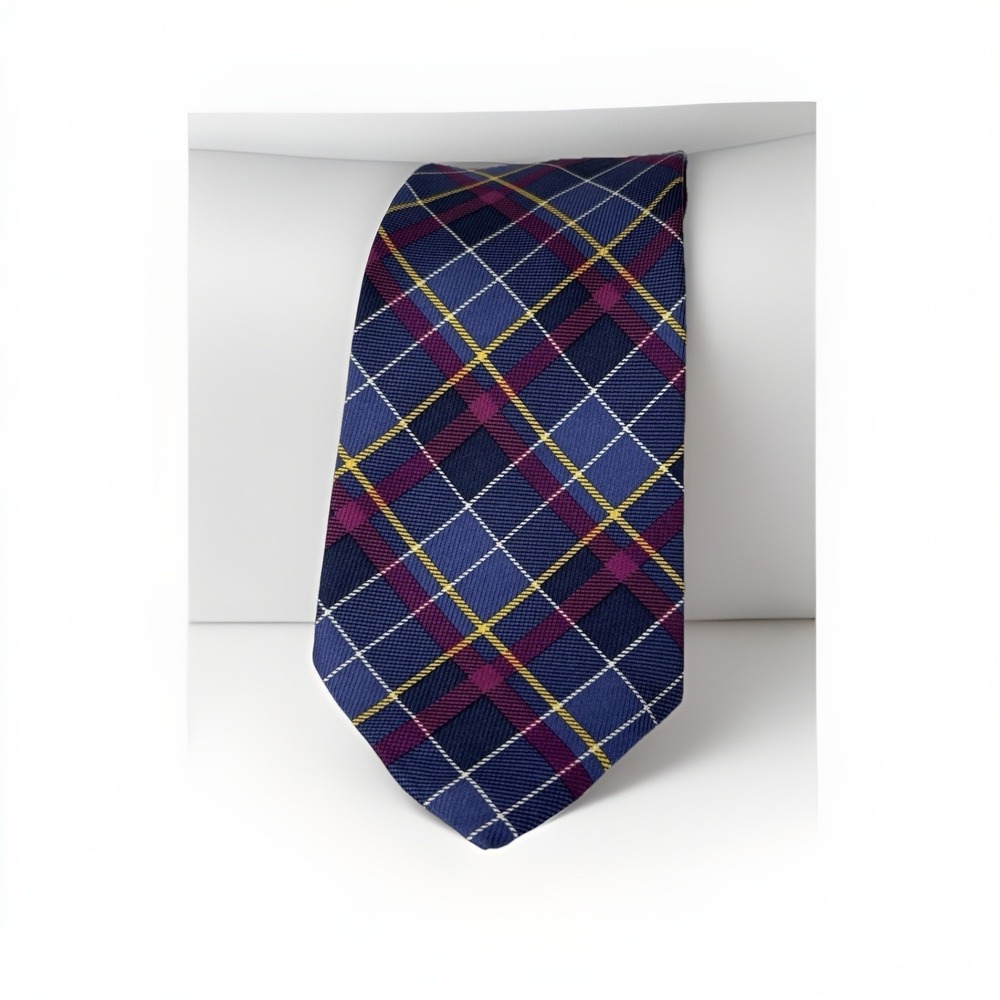 j mclaughlin mens Blue Yellow Purple Pink Plaid Silk Tie